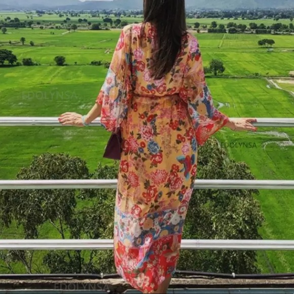 New Bohemian Mixed Print Kimono Cardigan Duster Robe Swim Coverup - Picture 7 of 7